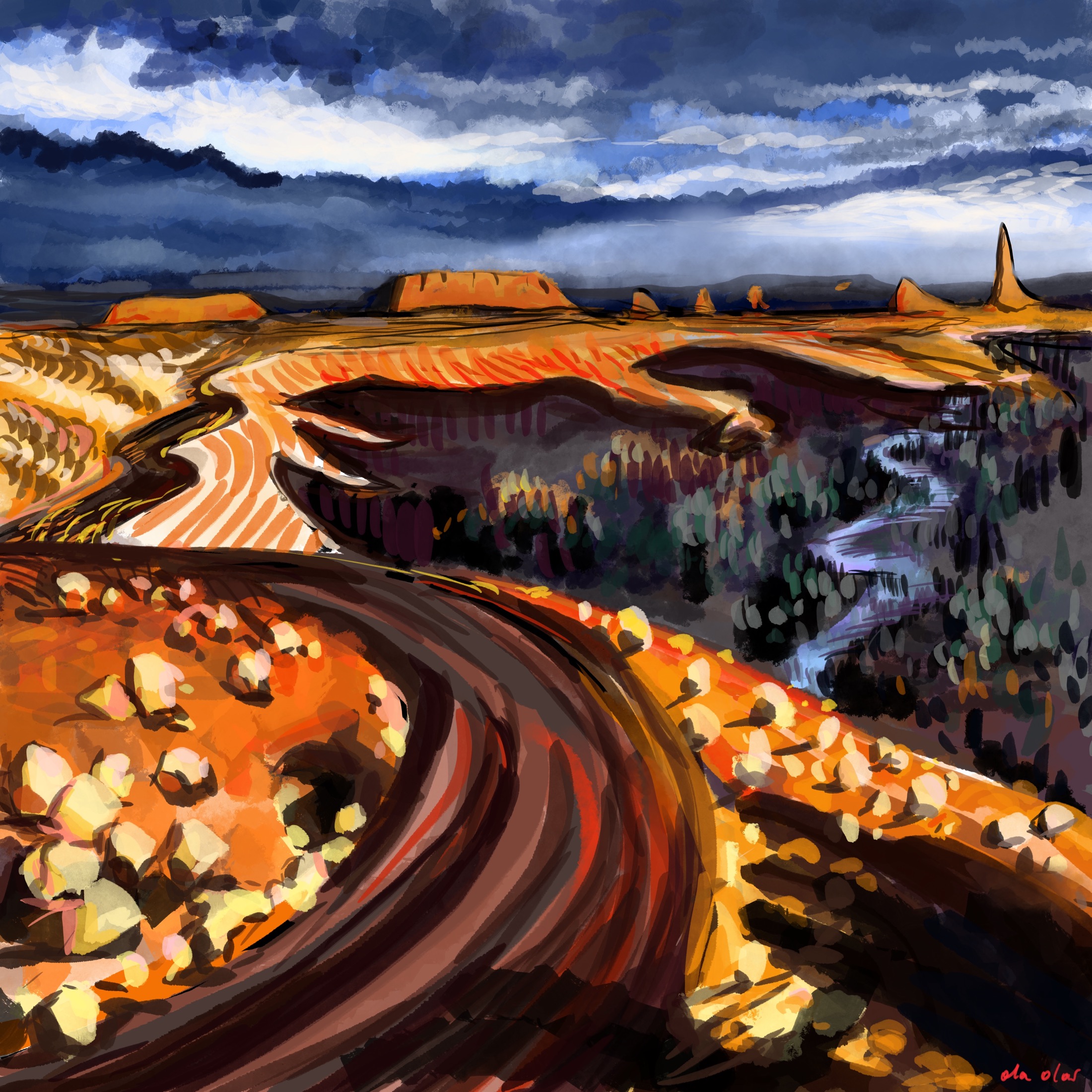 A winding dark road through orange desert cliffs beneath a blue storm sky