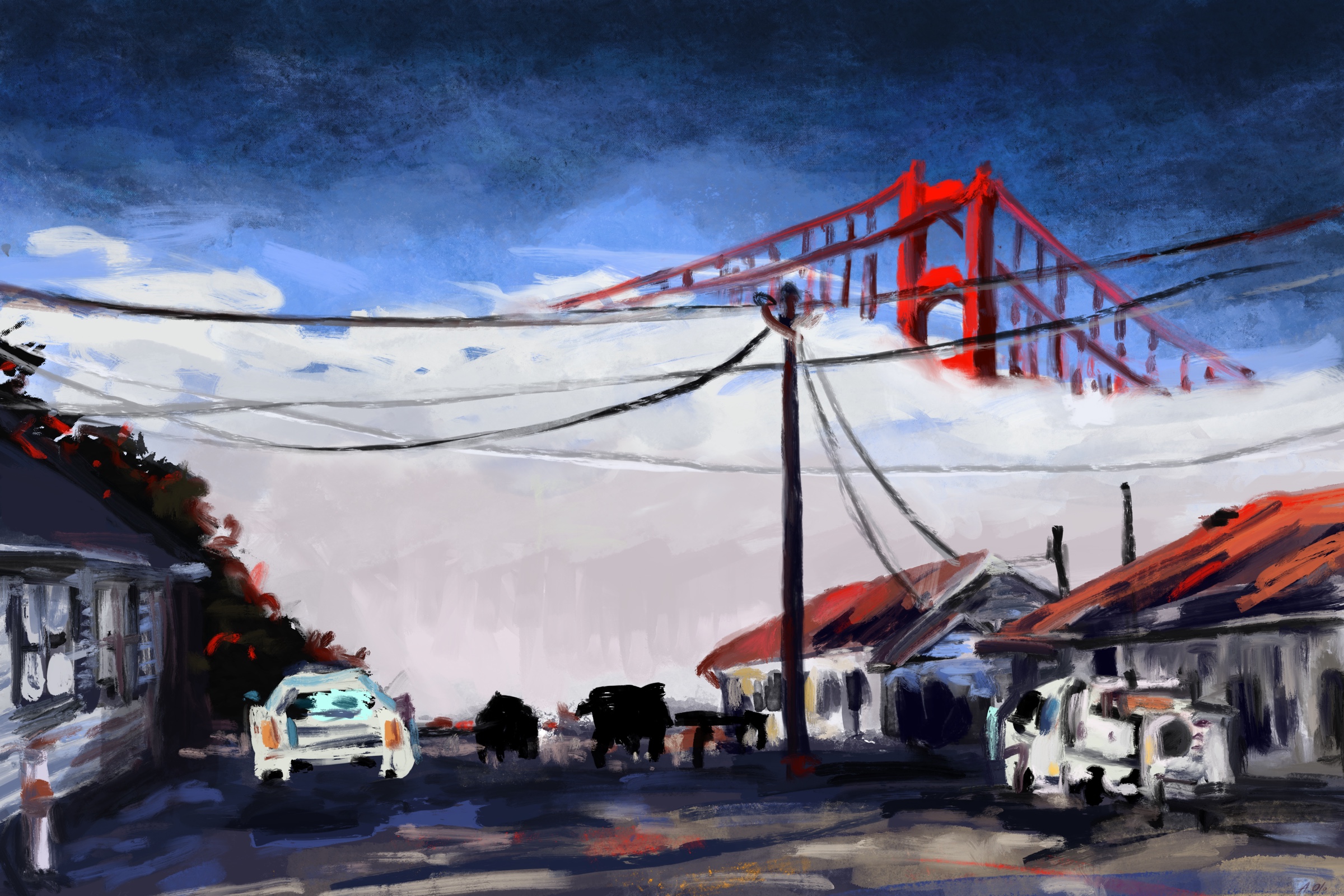 Golden Gate Bridge rising through a white fog bank above a San Francisco street
