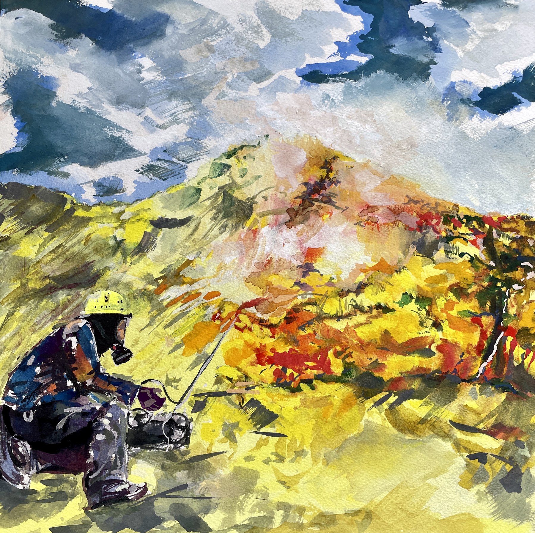 Field scientist working in volcanic terrain