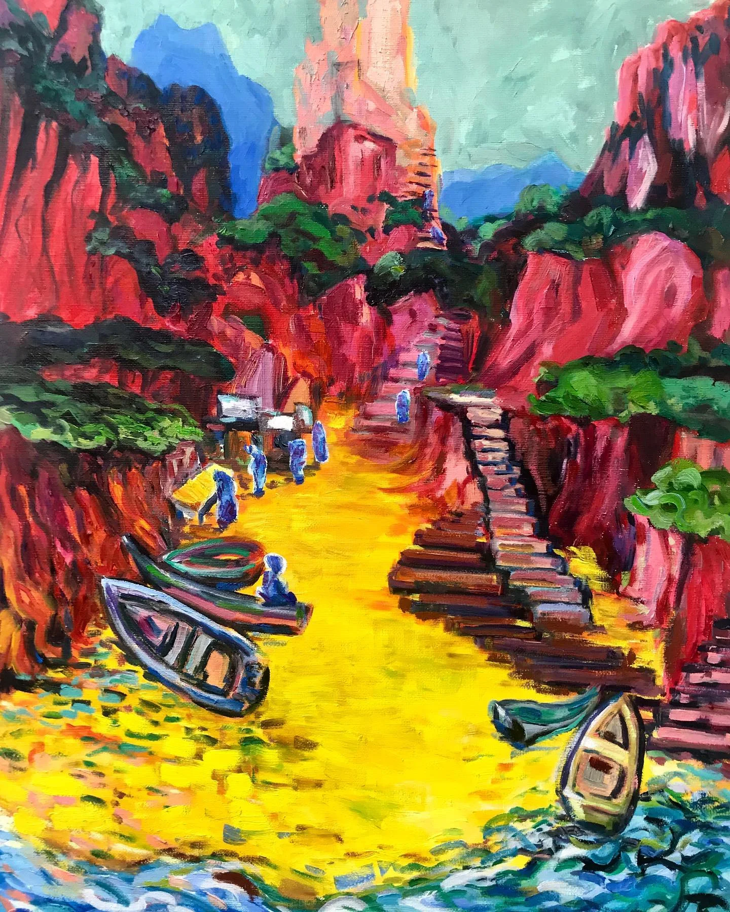 Fantastical pink-and-yellow mountain landscape with blue figures