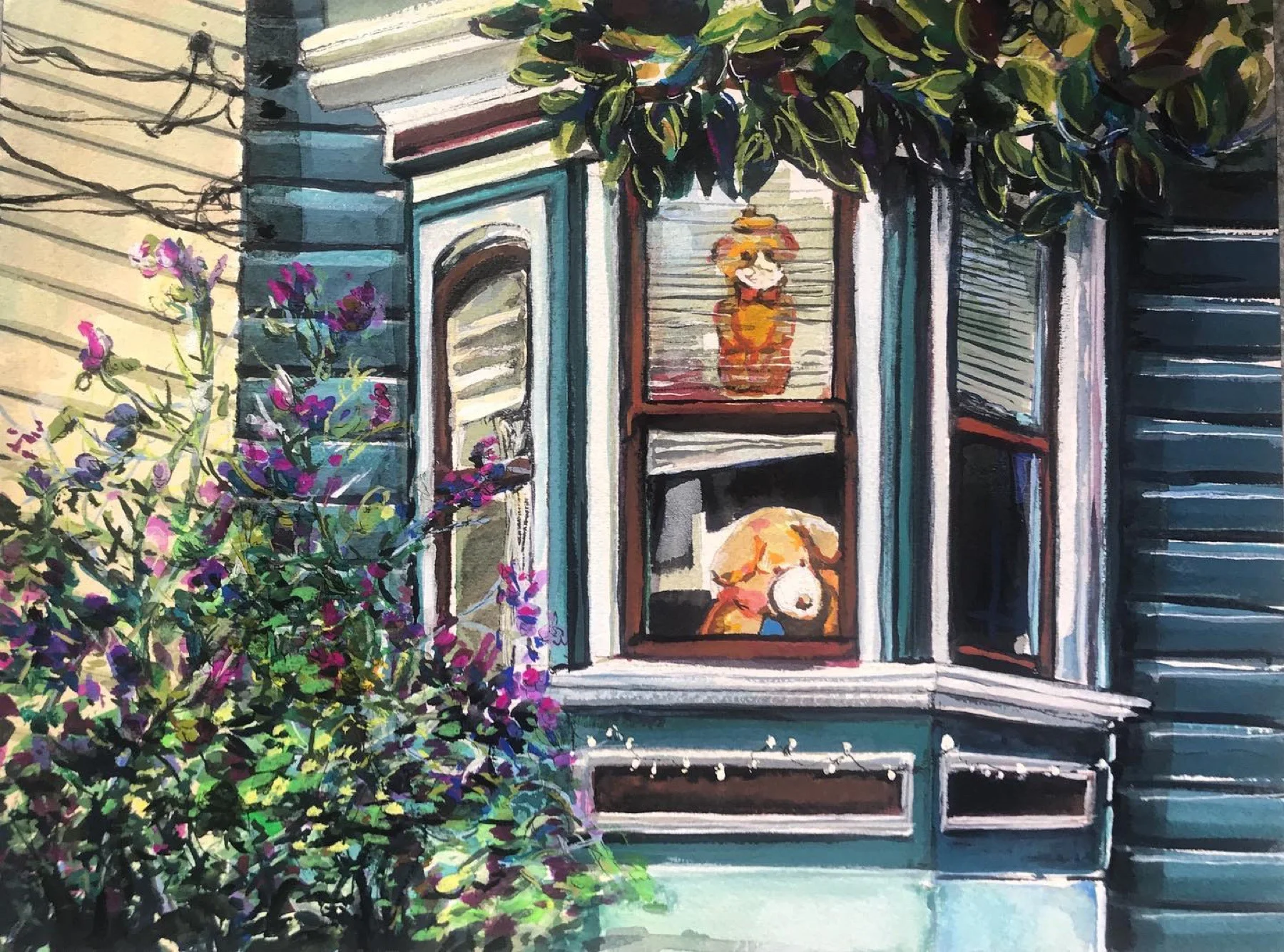 Teddy bear in a San Francisco bay window