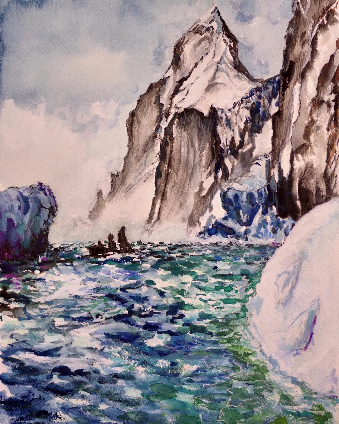 Polar sea cliffs with a small boat