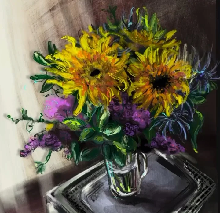Bouquet of sunflowers and purple flowers