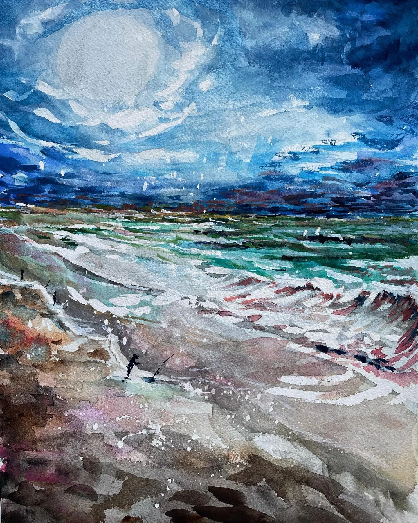 Ocean Beach, San Francisco; stormy surf under a pale disk