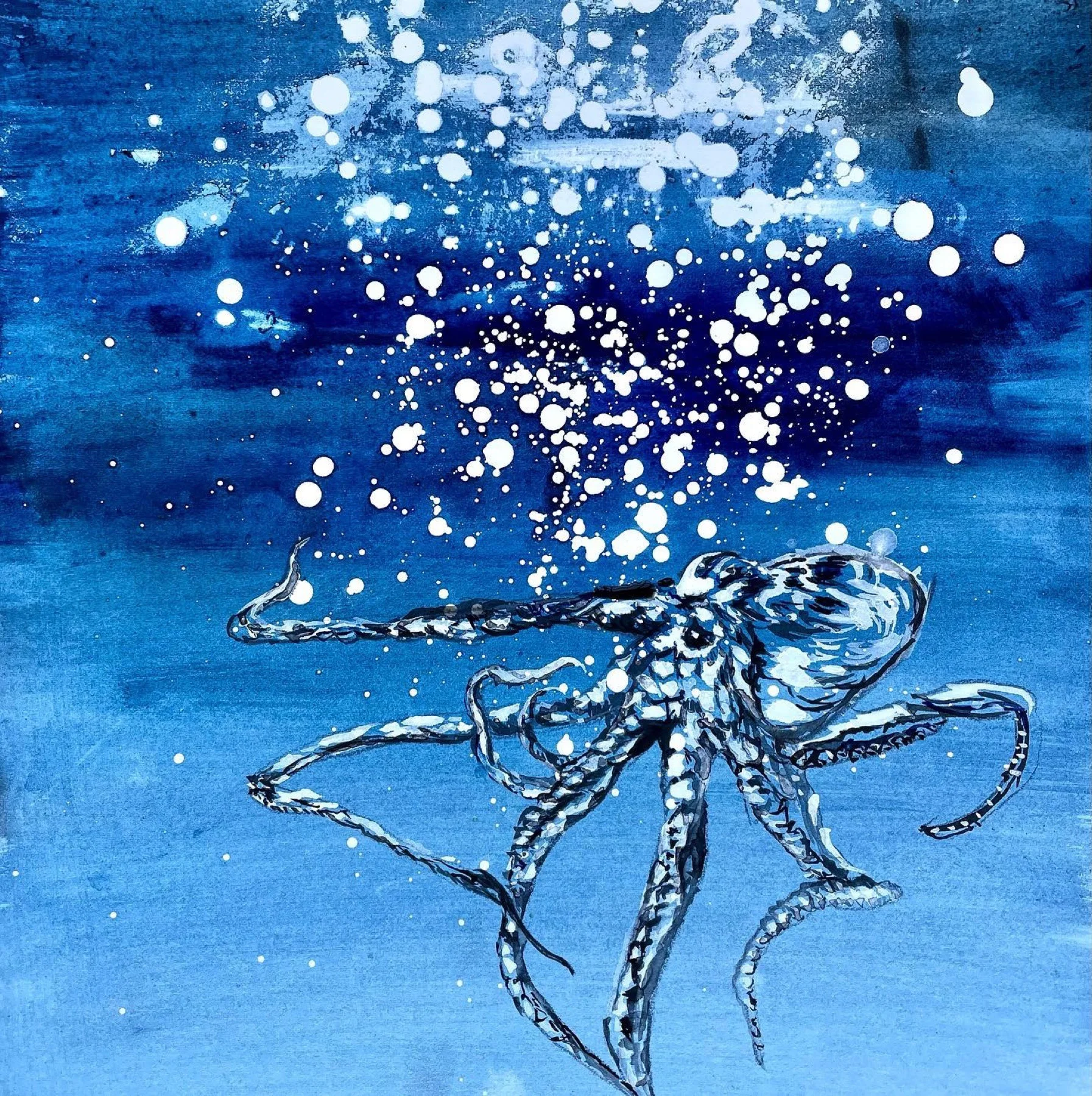 Octopus escaping through a blue underwater scene
