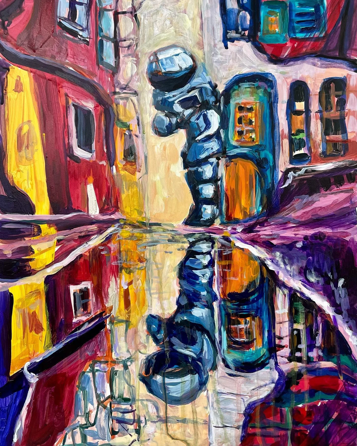 Astronaut and reflection in a colorful San Francisco streetscape