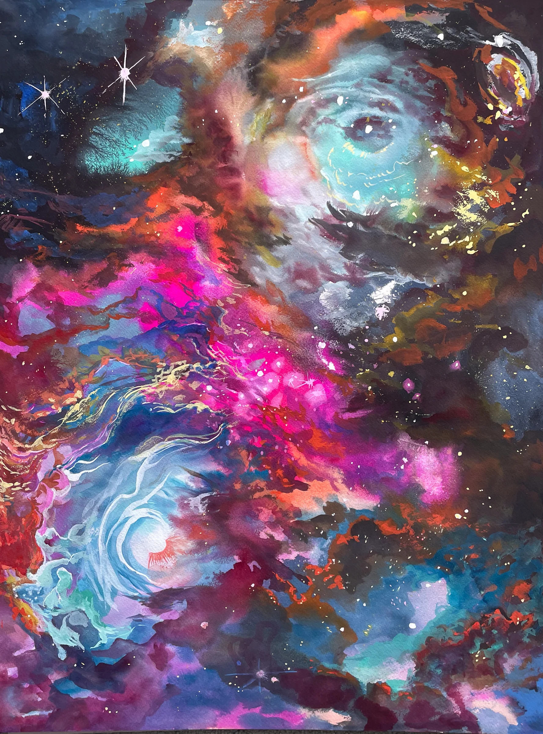 Turquoise circular forms and magenta clouds on a dark vertical field.