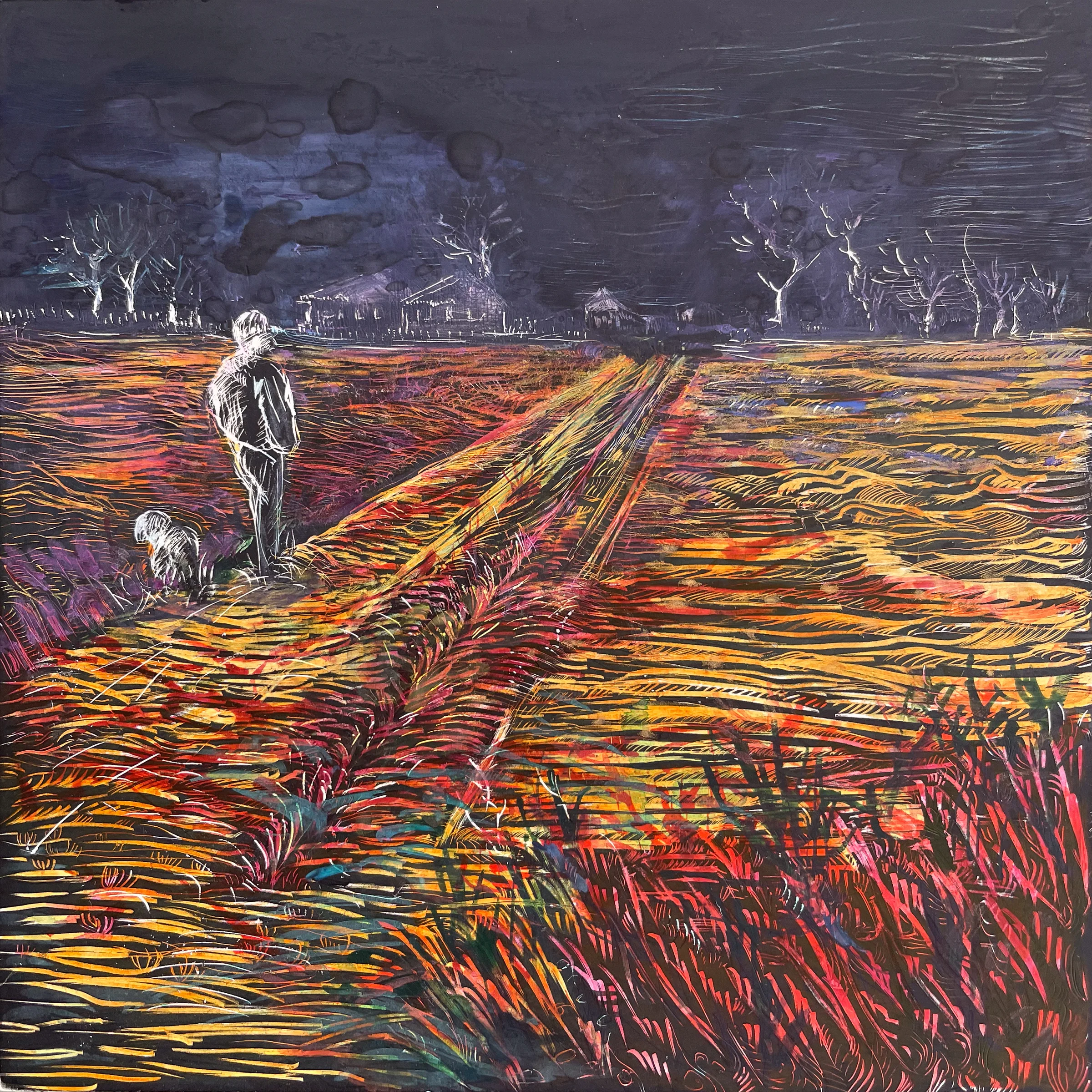 A small suited figure in a striped gold and red field beneath a dark sky.