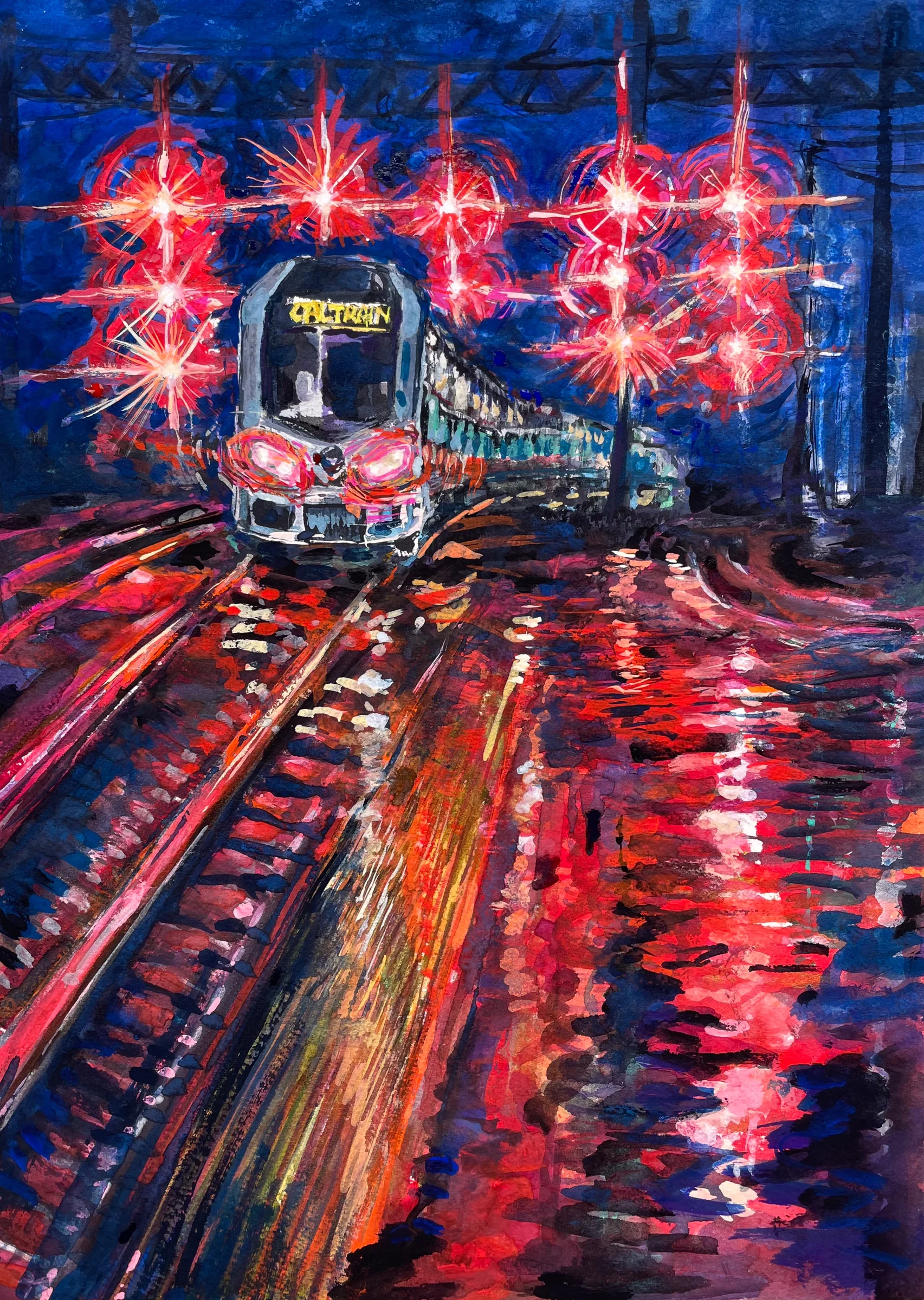 A tram or train below red lights with reflections along the tracks.