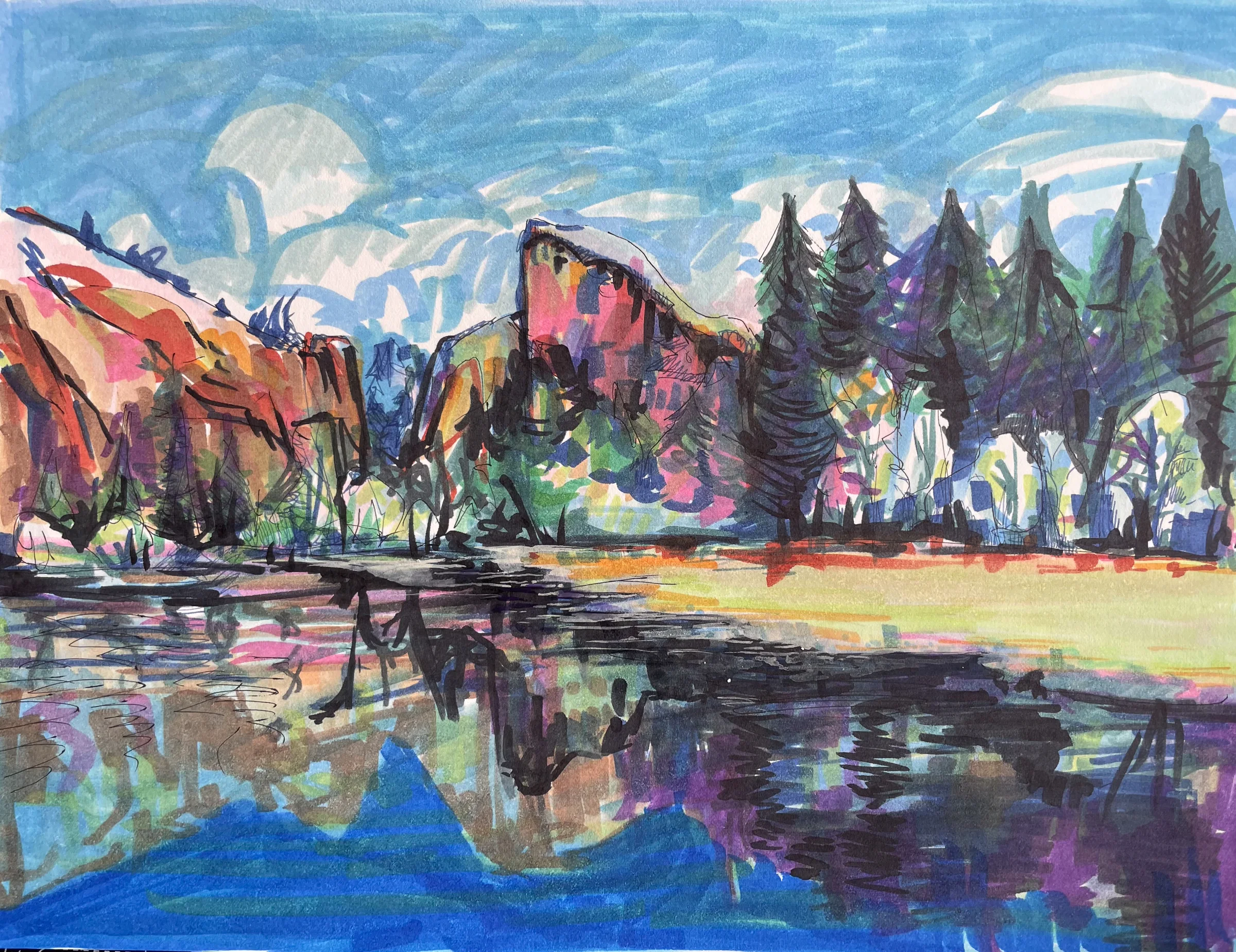 Warm cliffs, dark trees and reflections across still water.