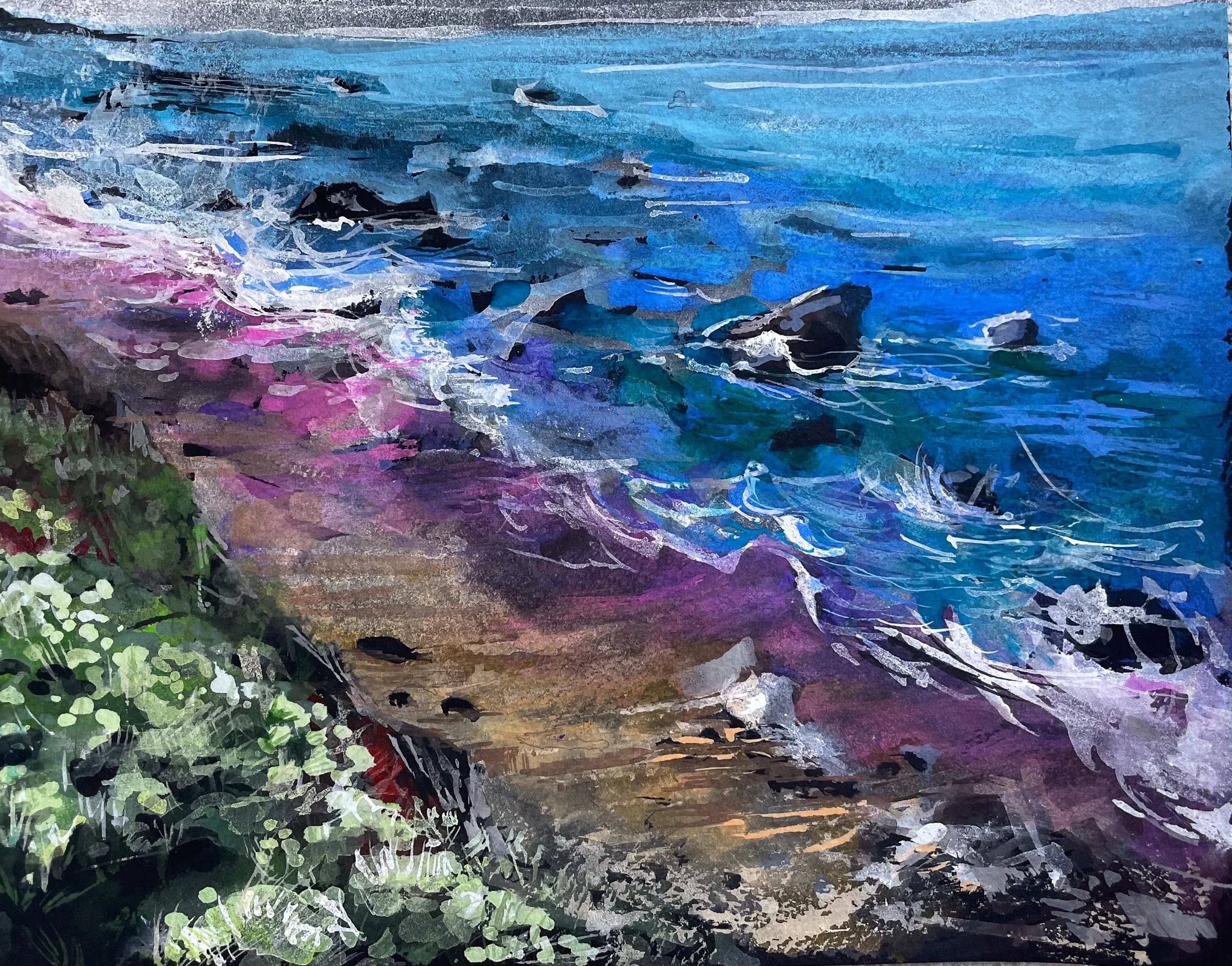 Rocky shoreline with pink-lilac surf and deep blue water.