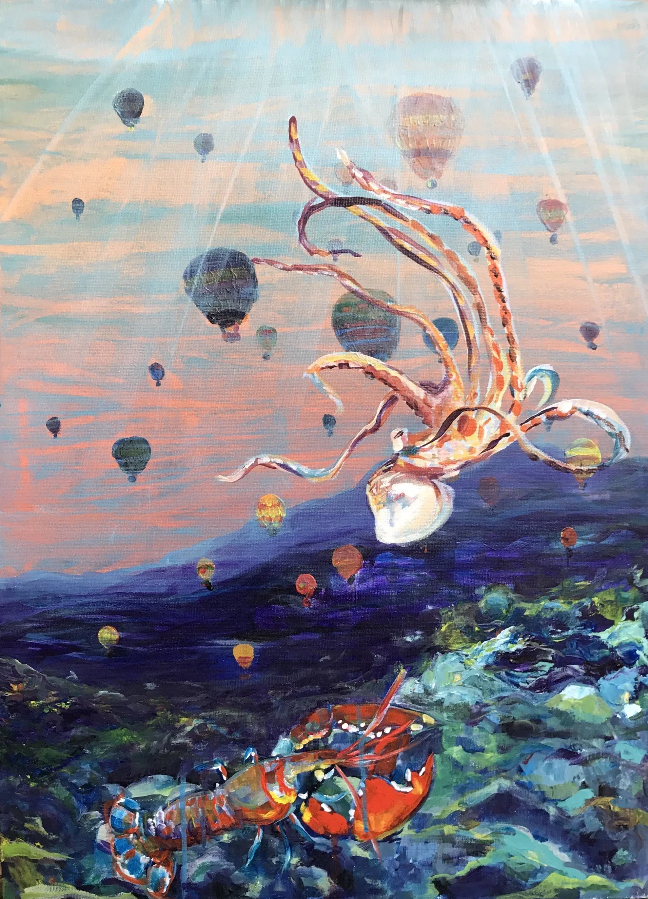 hot air with squid and lobster, artwork by Ola Olow