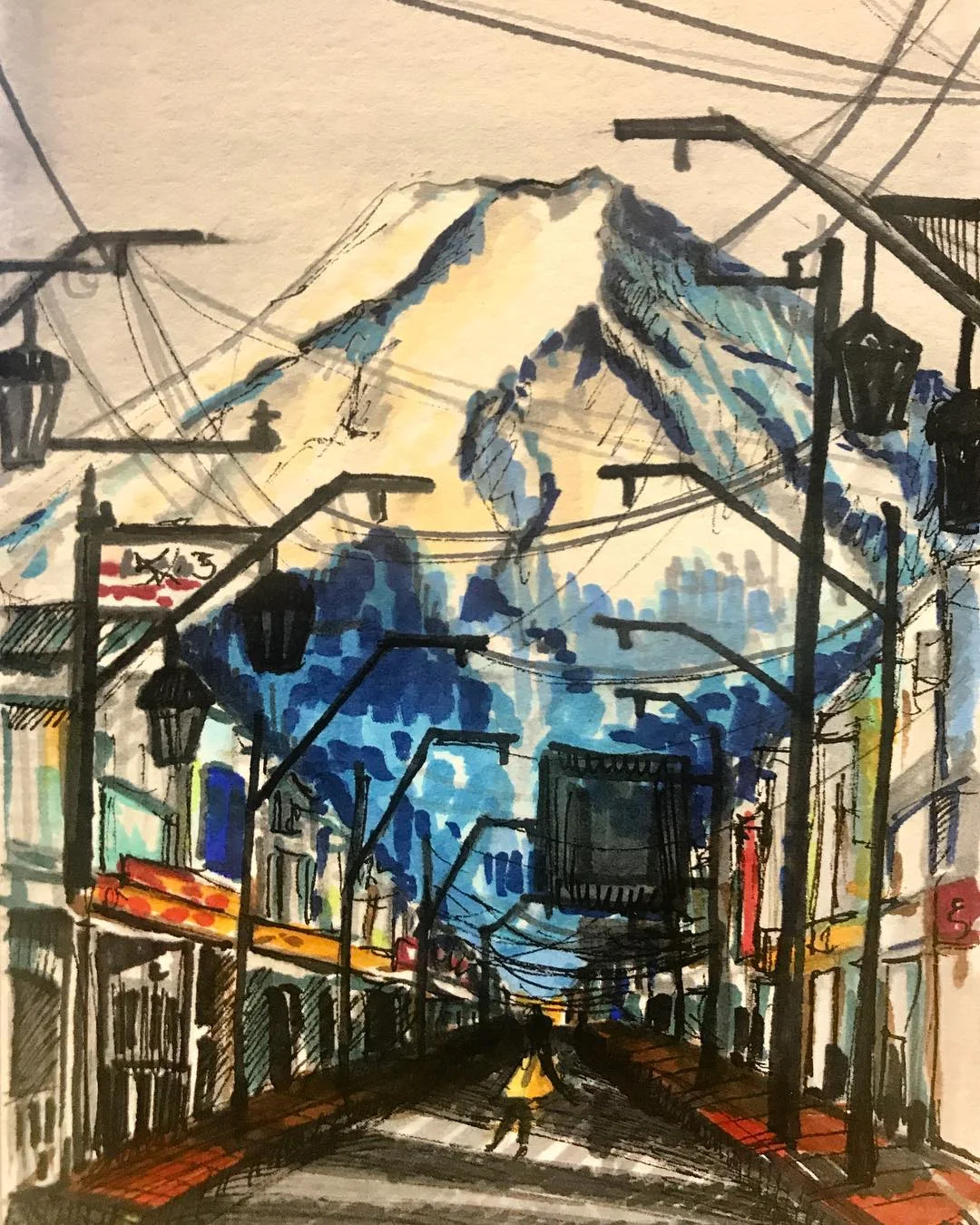 Japanese street with Mount Fuji