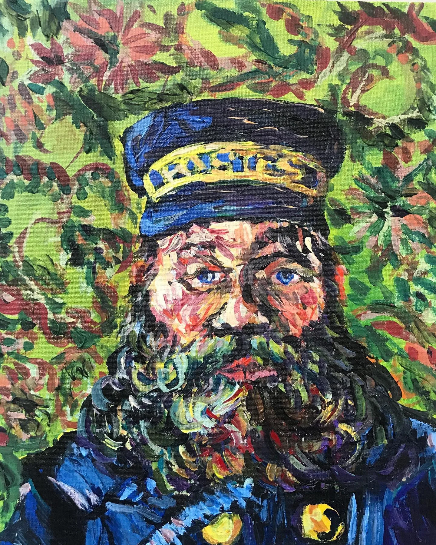 Expressive portrait of a postman, loosely inspired by Vincent van Gogh