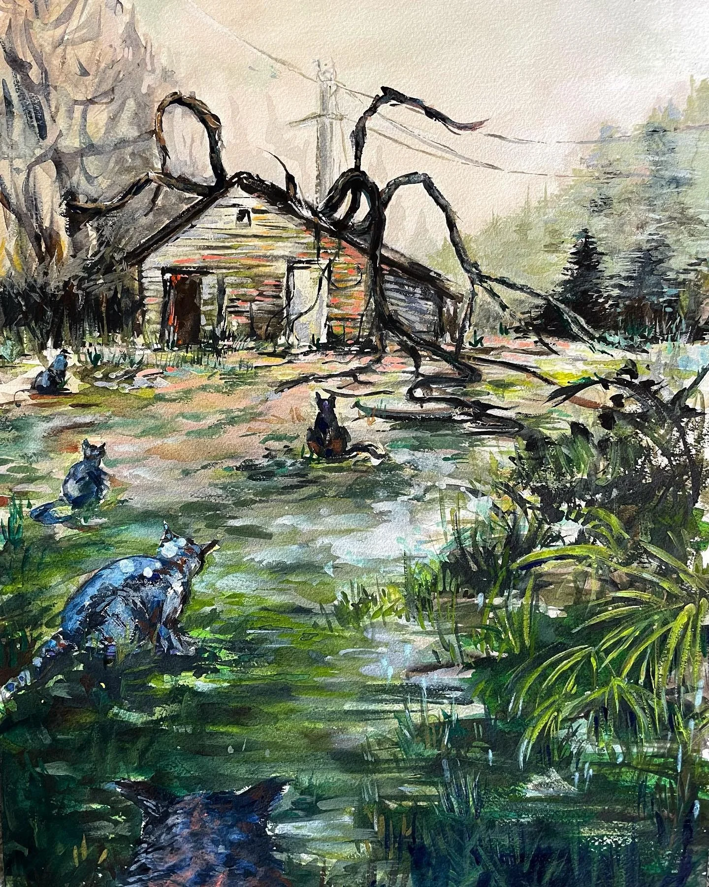 Cats around an abandoned cabin; vintage science-fiction inspired