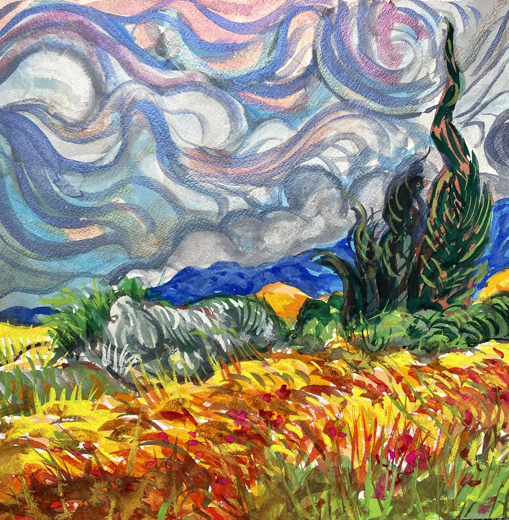 Cypress and meadow under swirling sky