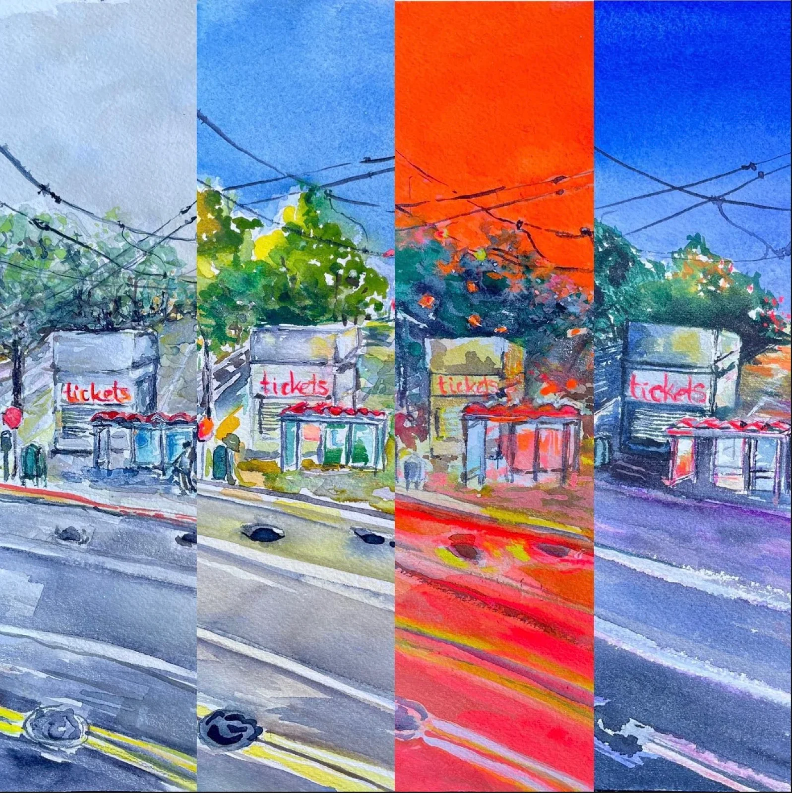 San Francisco Muni ticket kiosk in Morning, Afternoon, Fire and Dusk