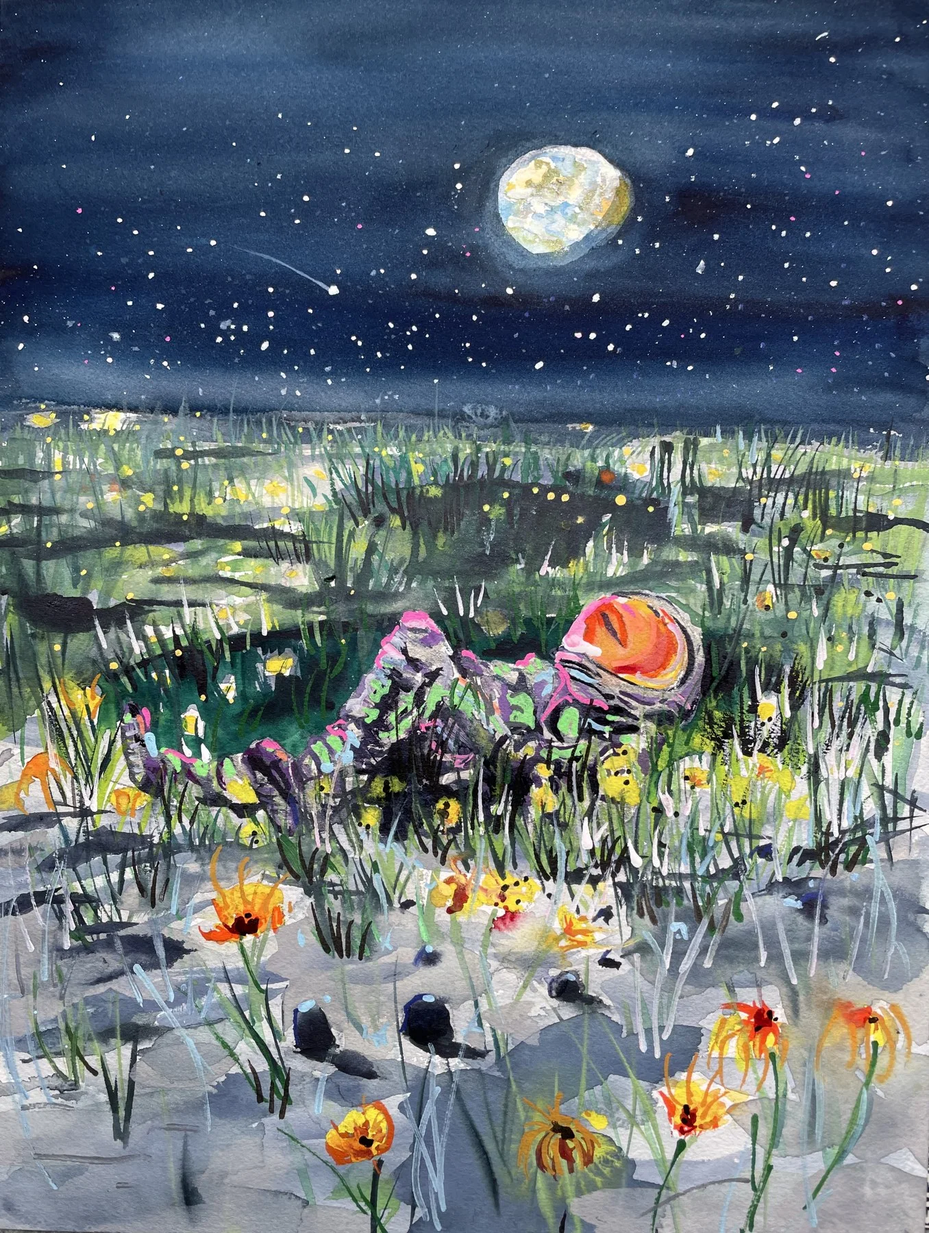 Astronaut resting in a moonlit flower meadow