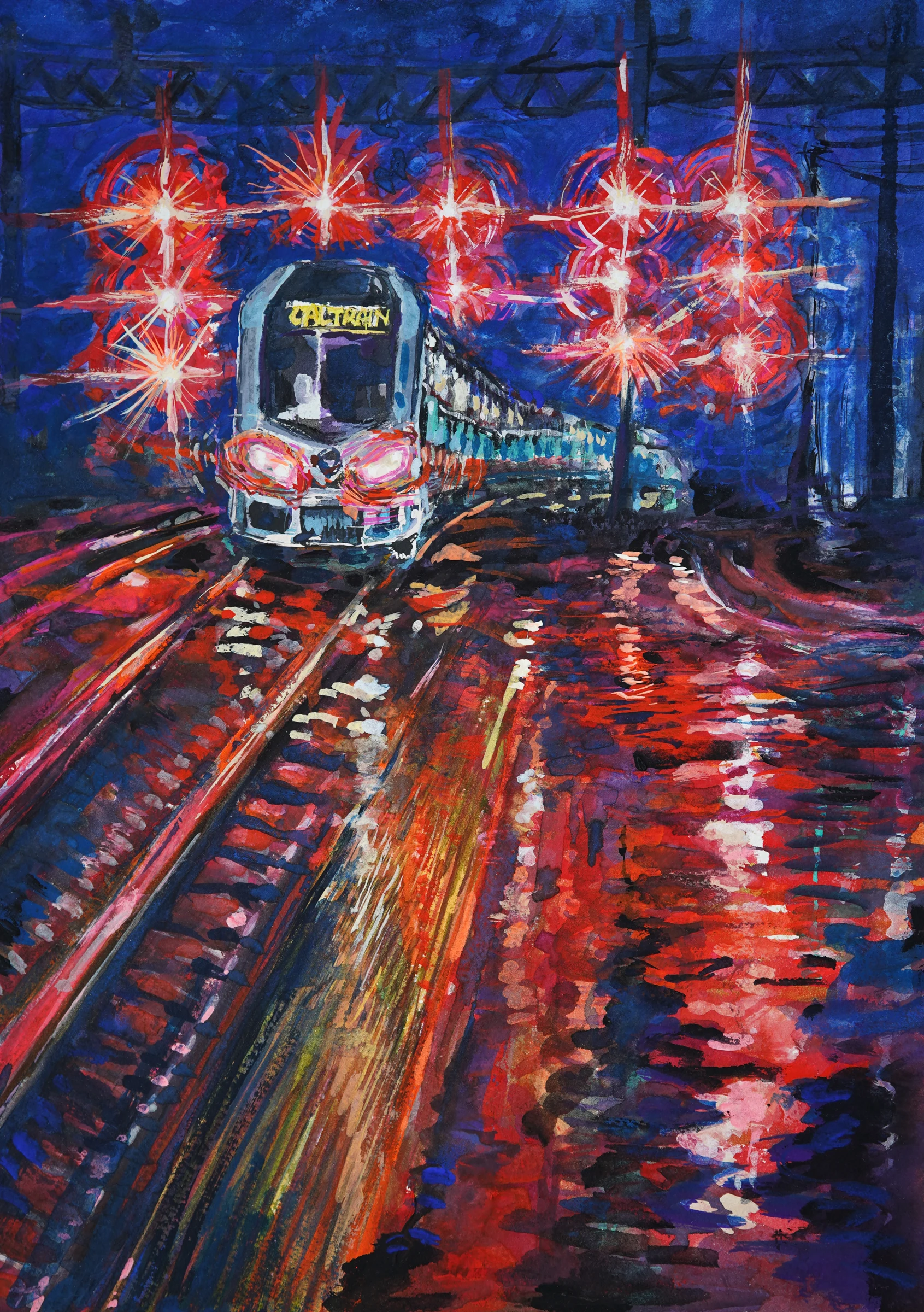 A tram or train below red lights with reflections along the tracks.