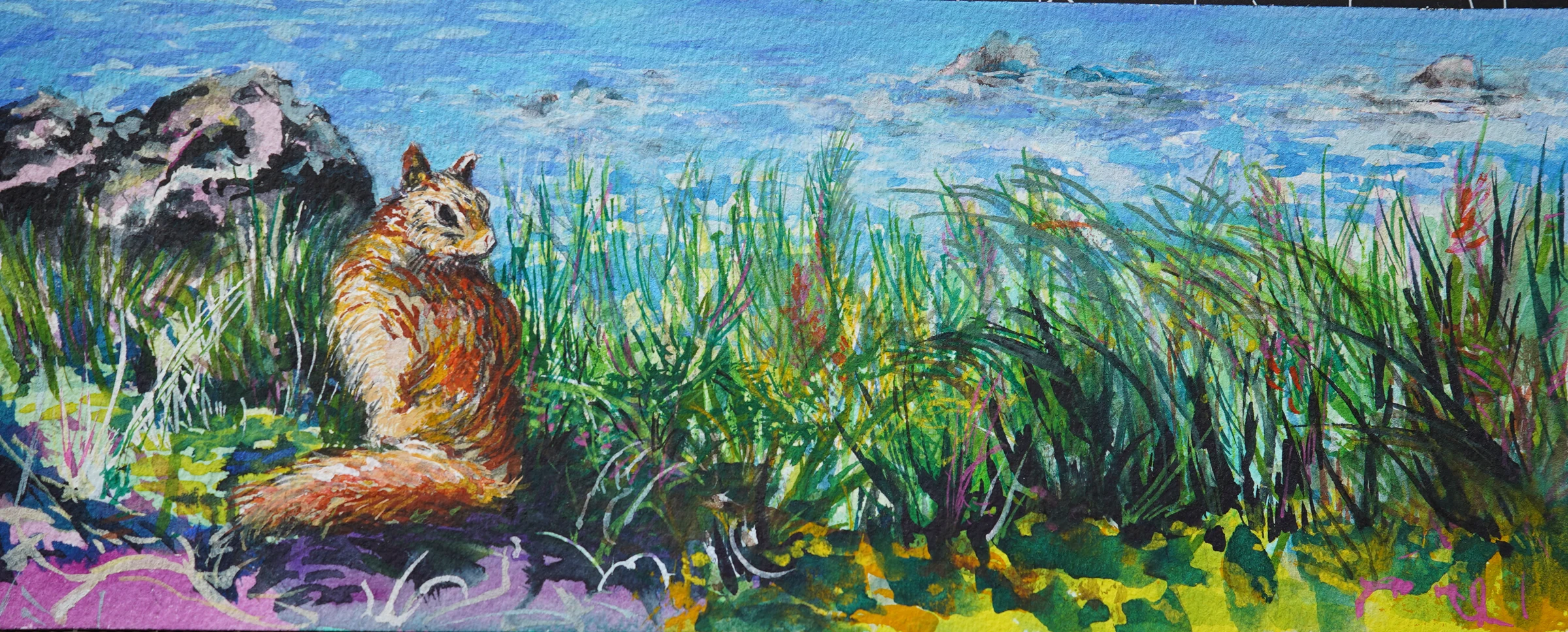 A rabbit sits among tall green stems in a wide landscape.