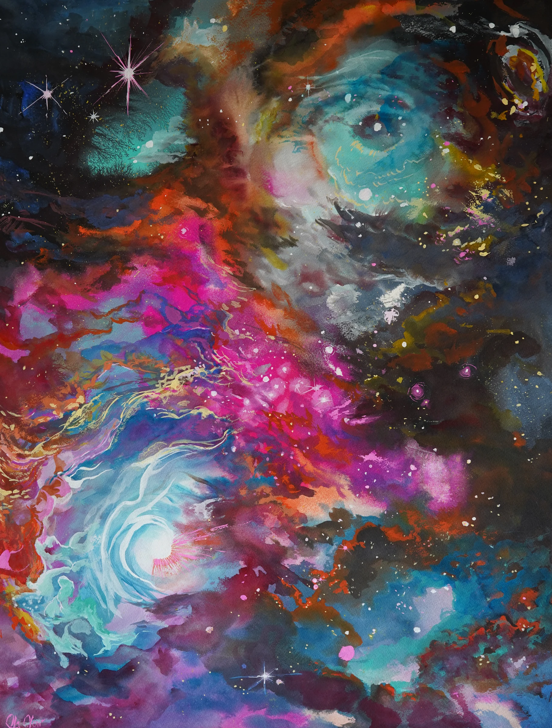 Turquoise circular forms and magenta clouds on a dark vertical field.